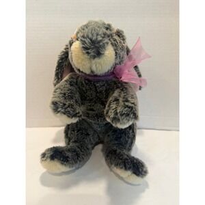 Vtg Commonwealth Grey Mottled Plush Bunny Rabbit Pink Bow Stuffed bean Animal 9